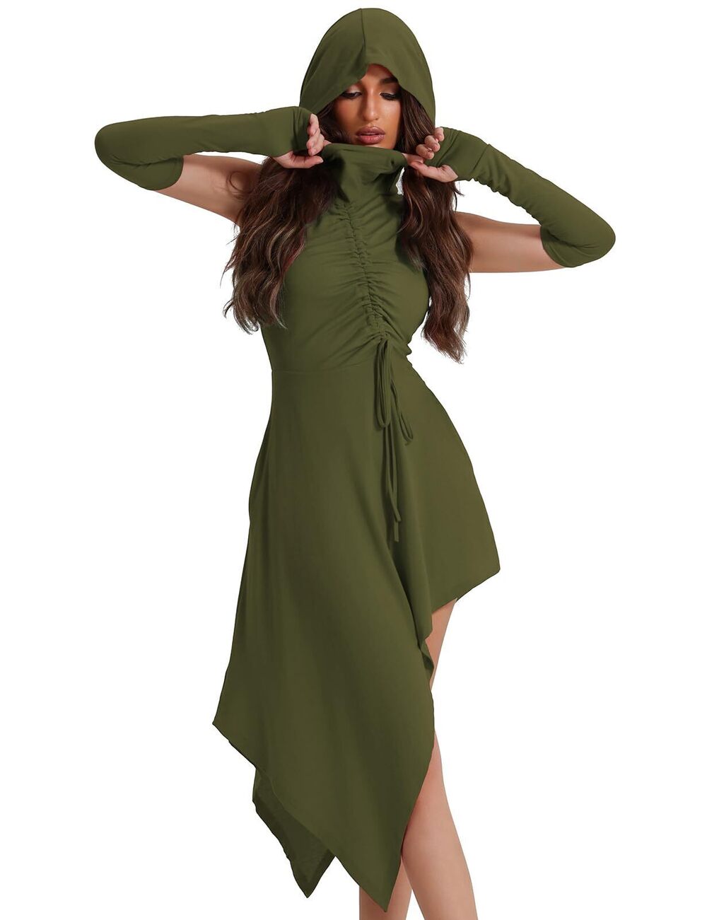 7276 Medieval Costume Asymmetrical with Hoodie Gloves Green Gothic Clothes